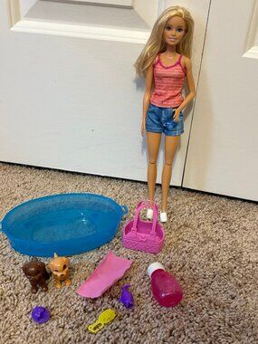 Barbie Doll and Playset with Puppies, Bathtub and Accessories -missing one puppy
